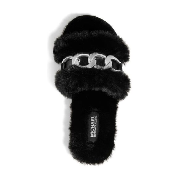 New! MICHAEL KORS Women's Scarlett Chain-trim Slippers Sandals Shoe Black Silver - Picture 1 of 8